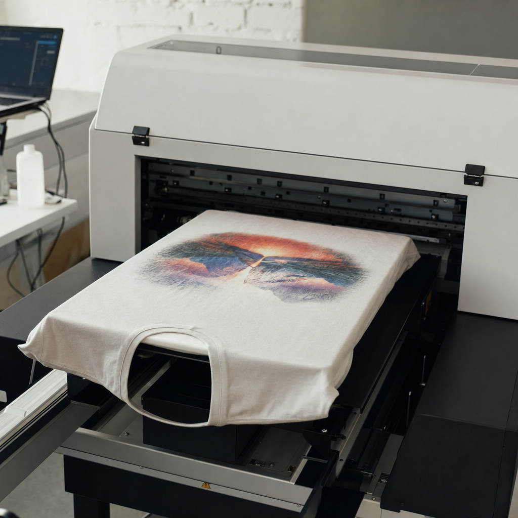 Direct-to-garment printer printing a full-colour design on a shirt