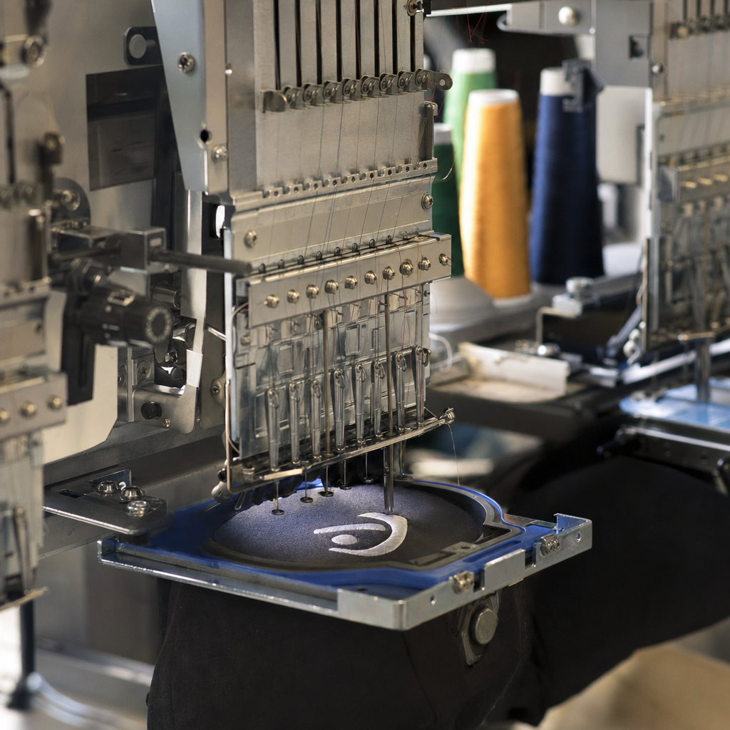 Embroidery machine stitching a logo onto a cap